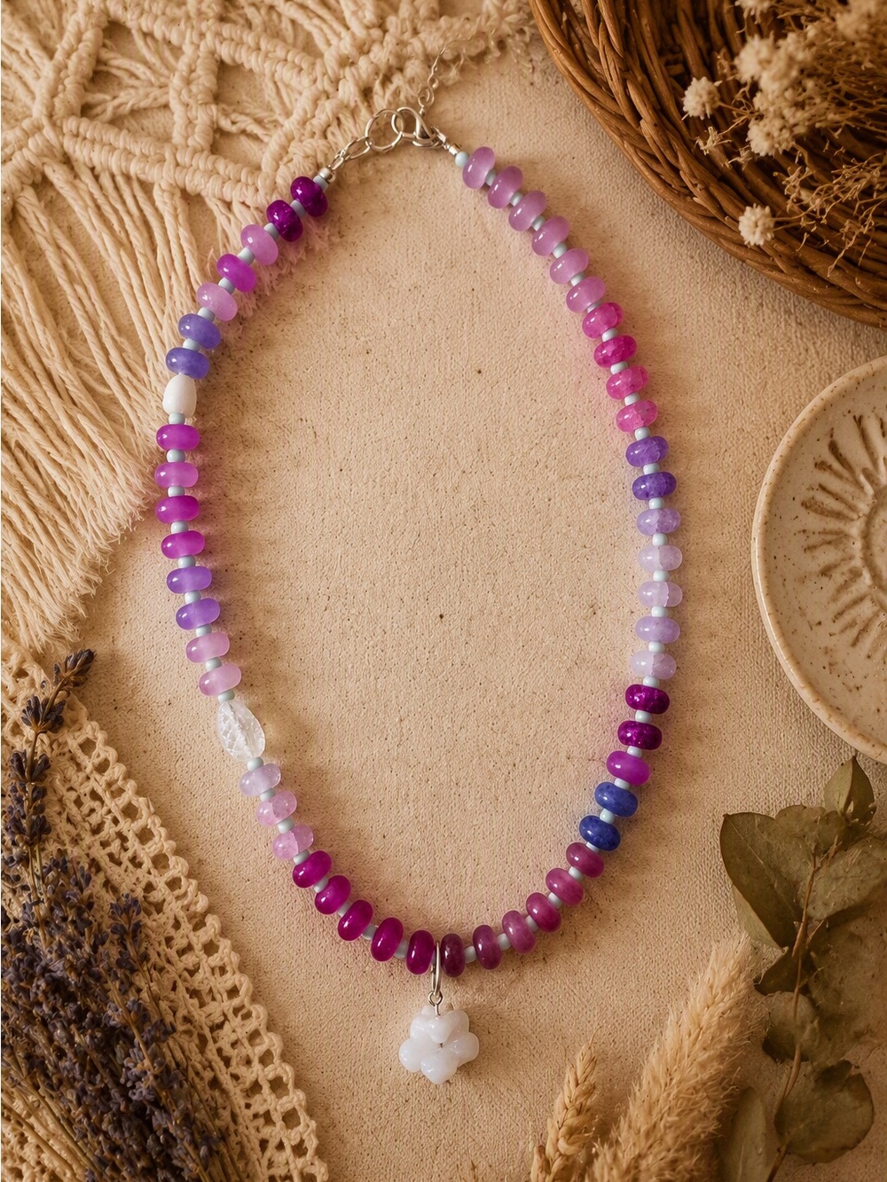 Handmade Pink & Purple Beaded Necklace with White Flower Charm